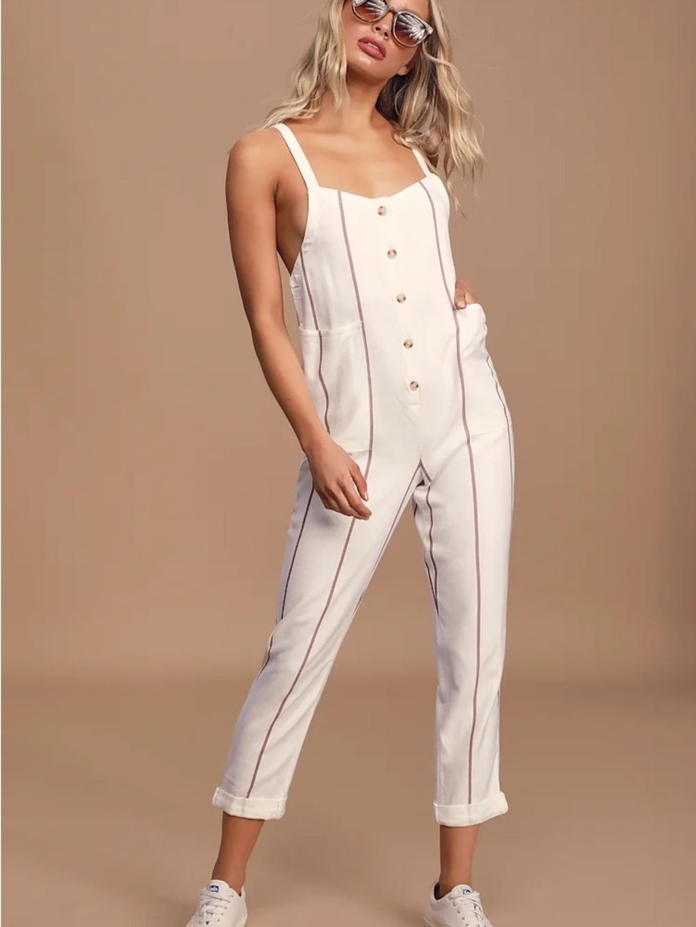 O’Neill NWT Classic Cream Stripe Button-Front Jumpsuit small